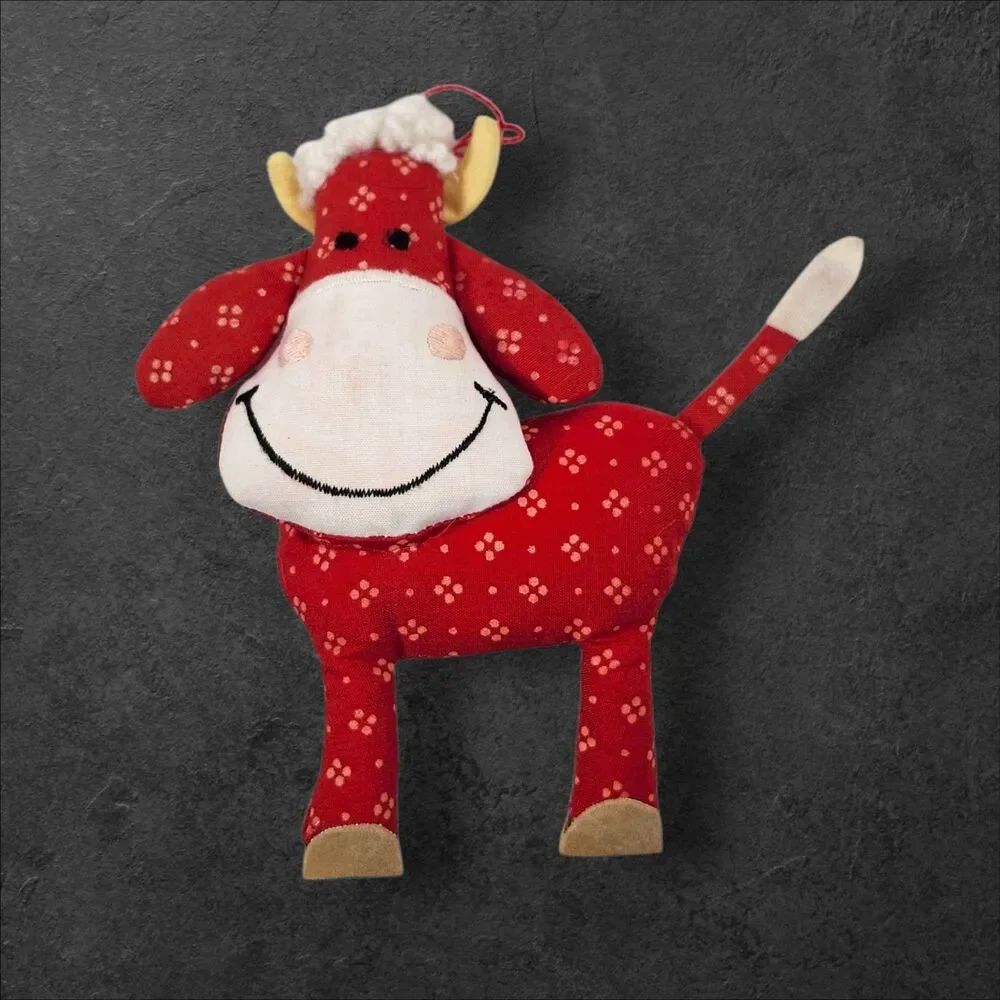 Vintage Farm Animal Christmas Ornaments Set of 4 Fabric Cottagecore Holiday Red